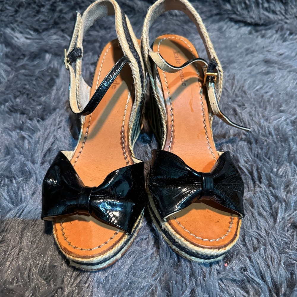Kate Spade Womens Wedge Espadrille Sandals Size 9 Black Tan Striped Bow Accent